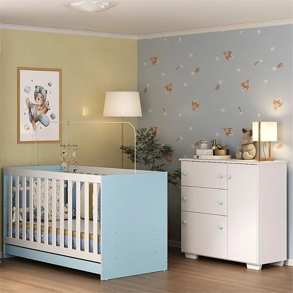 Quarto Infantil Com Berço Colchão Incluso E Cômoda Algodão Doce Multimóveis Mp4250 Branco/azul