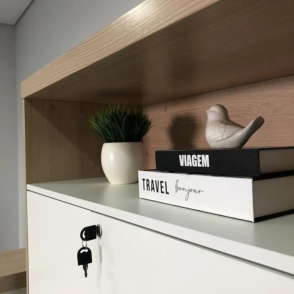 Kit 2 Peças com Mesa para Escritório Presidente em Tamburato e Armário Multiuso Alto Conjunto Para Escritório Executivo Mesa Tamburato Presidente E Armário Tamburato Com Nicho Carvalho/Branco