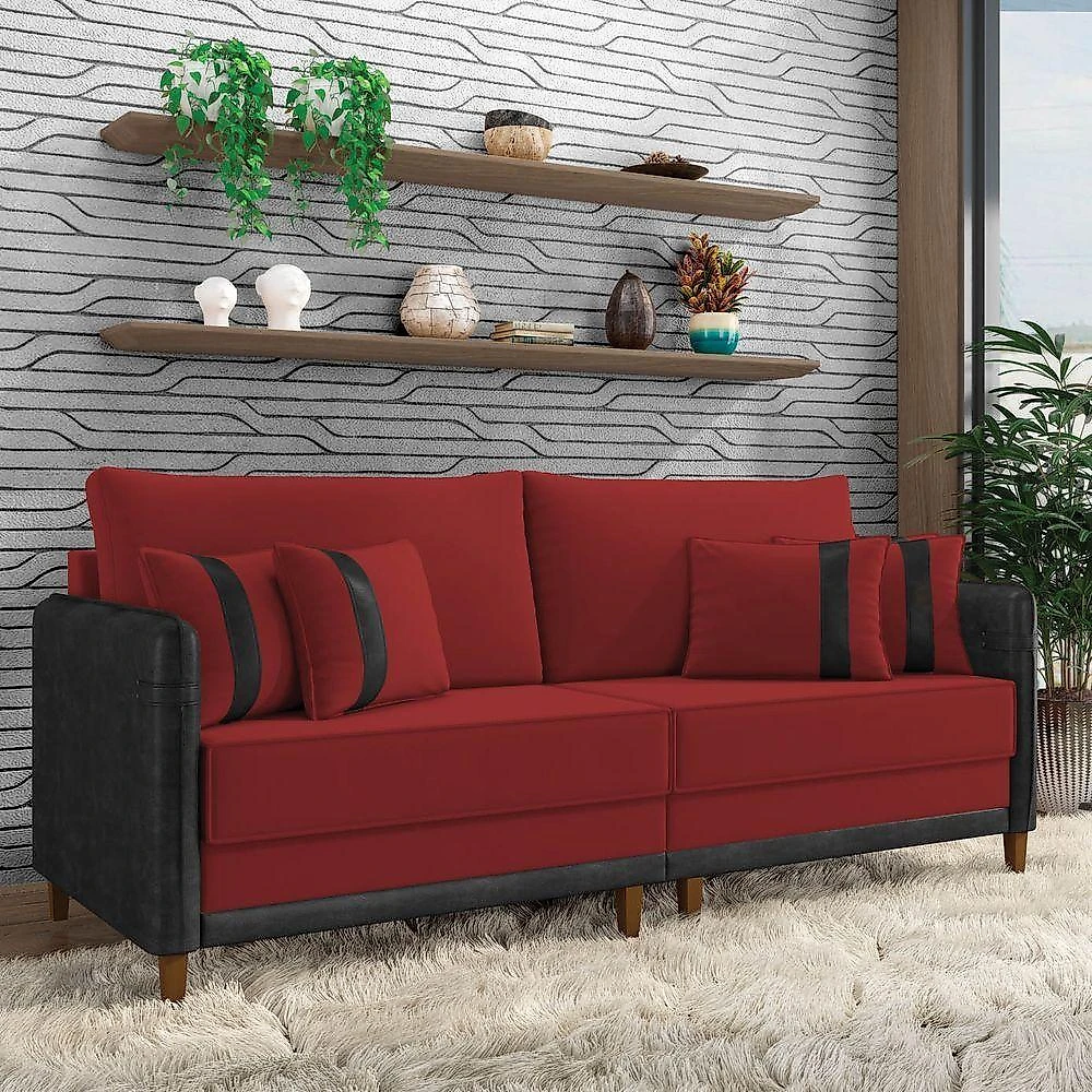 Sofá 3 Lugares Living 192cm Pé Madeira Valença Pto/veludo K01 - D\'rossi Cor Vermelho