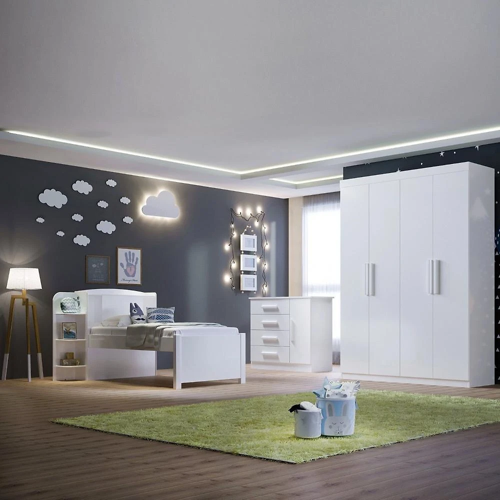 Quarto Infantil Completo com Guarda-roupa Cama 100% Mdf e Cômoda Angel