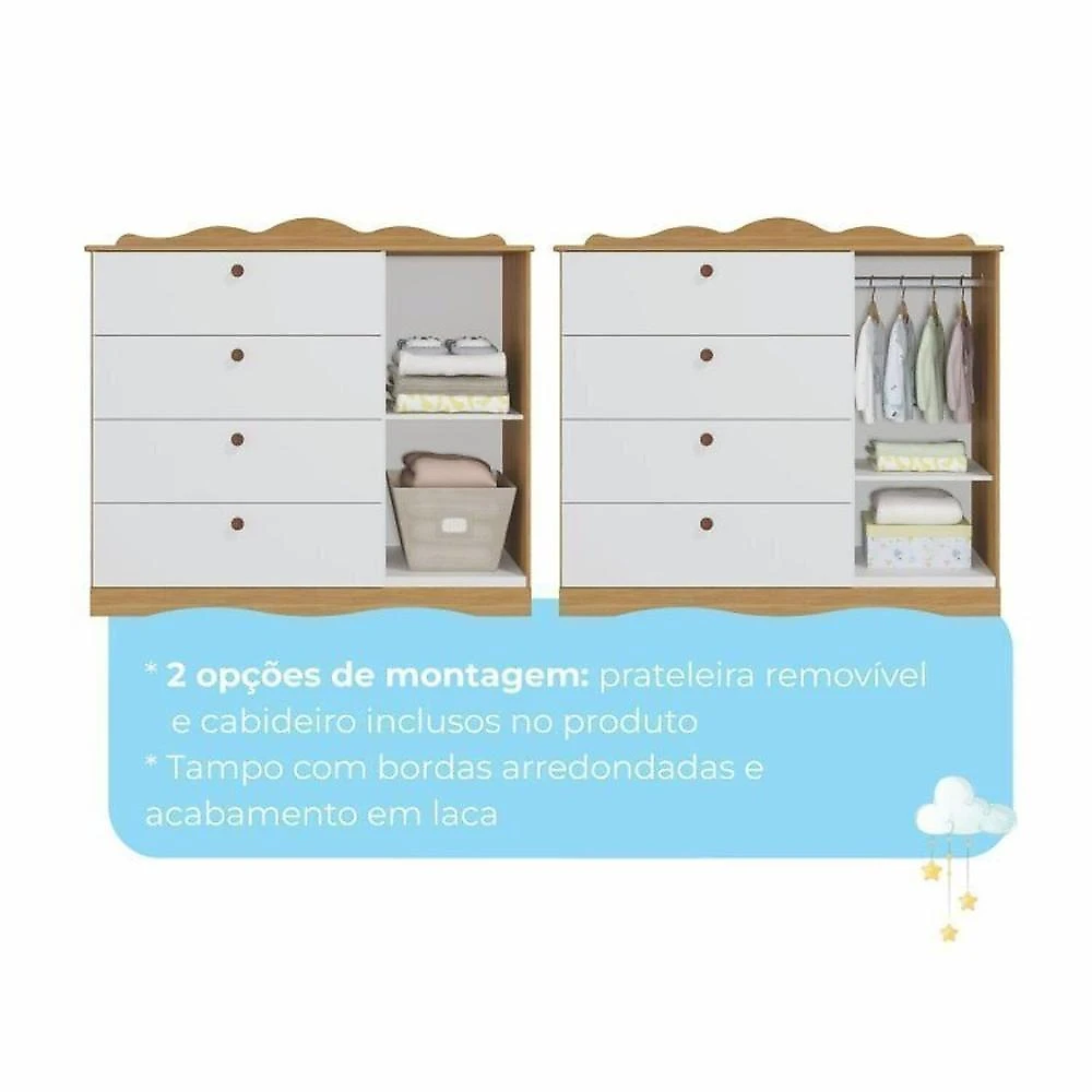Quarto de Bebê 2 Peças com Berço Capitonê Cômoda 4 Gavetas Aquarella Espresso Móveis Nature/Branco