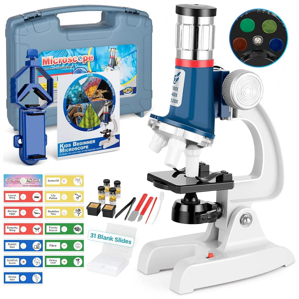 Kit de Microscópio para Crianças 58 Peças 100X 1200X com corpo de Metal, Caixa de Transporte e Luz LED, Uarzt, Branco e ...