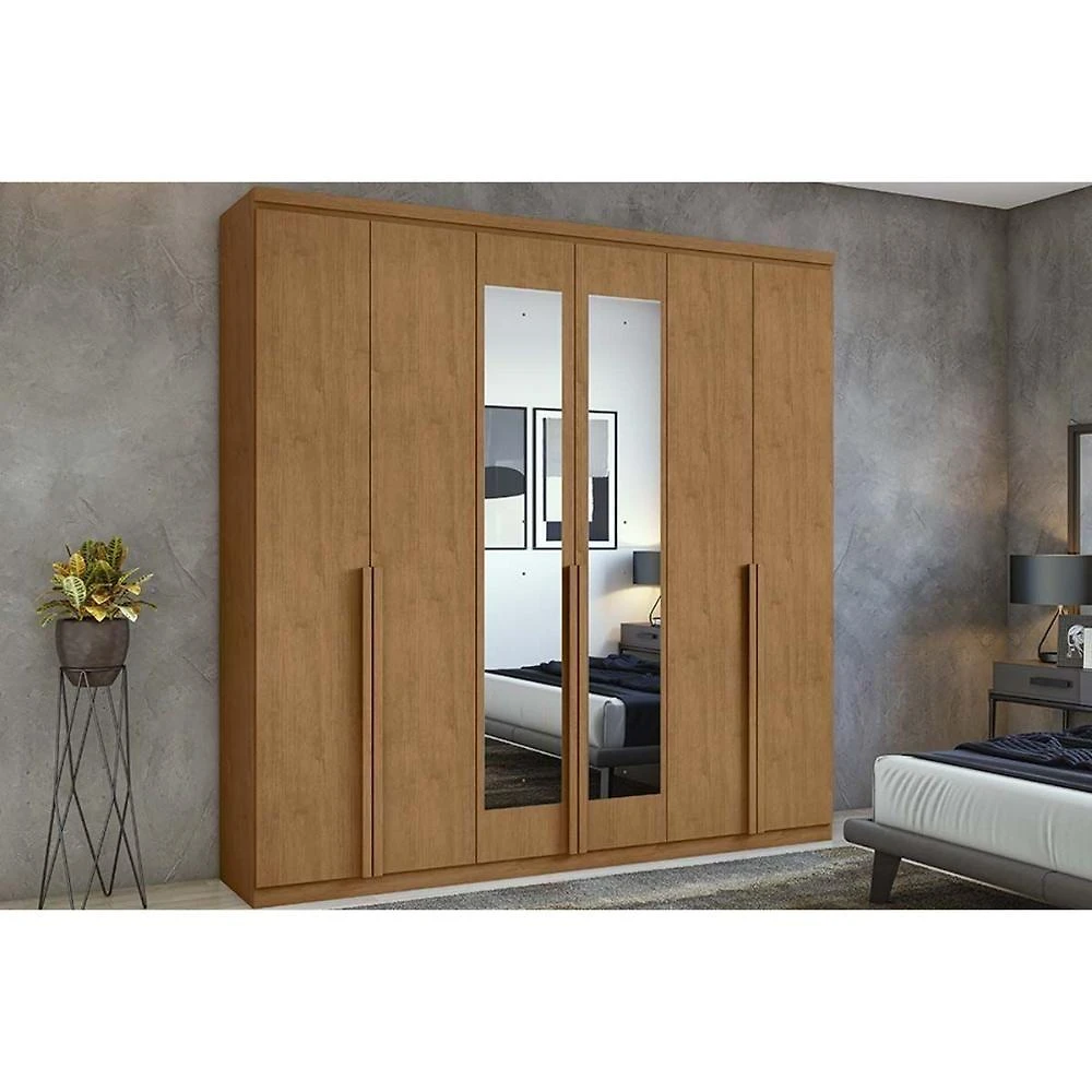 Guarda Roupa Casal 6 Portas (2 C- Espelho) E 4 Gavetas Alonzo New Amêndoa - Lopas