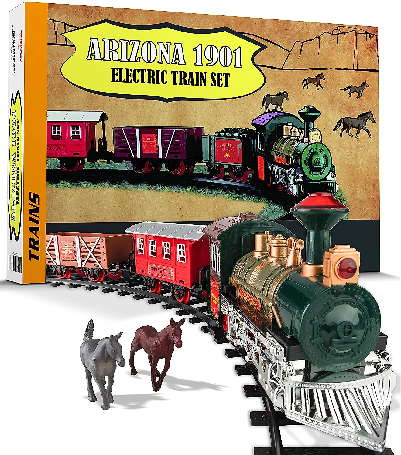 Atlasonix Conjunto de Trem Trenzinho Elétrico Escala 187 4 Cvalos e 10 Trilhos Verde
