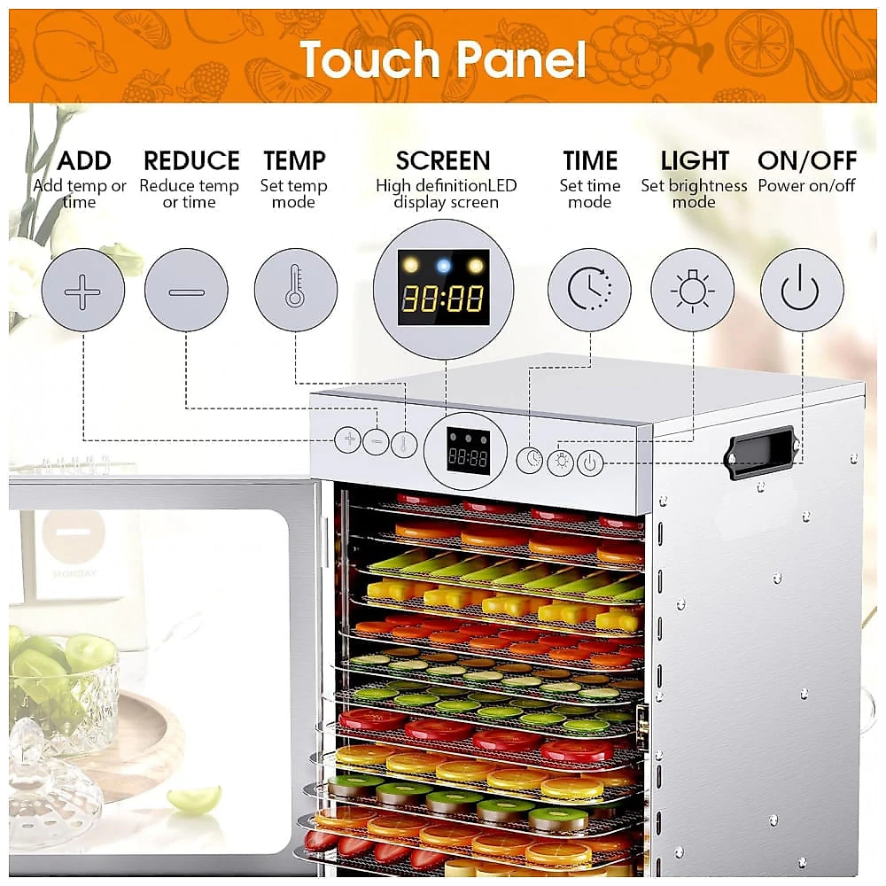Desidratador de Alimentos para Jerky, 12 Bandejas de Aço Inoxidável, 1200W Desidratador de Frutas, Timer de 24H e Controle de Temperatura,Fendia