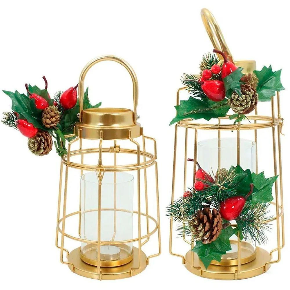 Kit 2 Lamparinas Natal Dourada Em Metal Decorativa 30cm 36cm