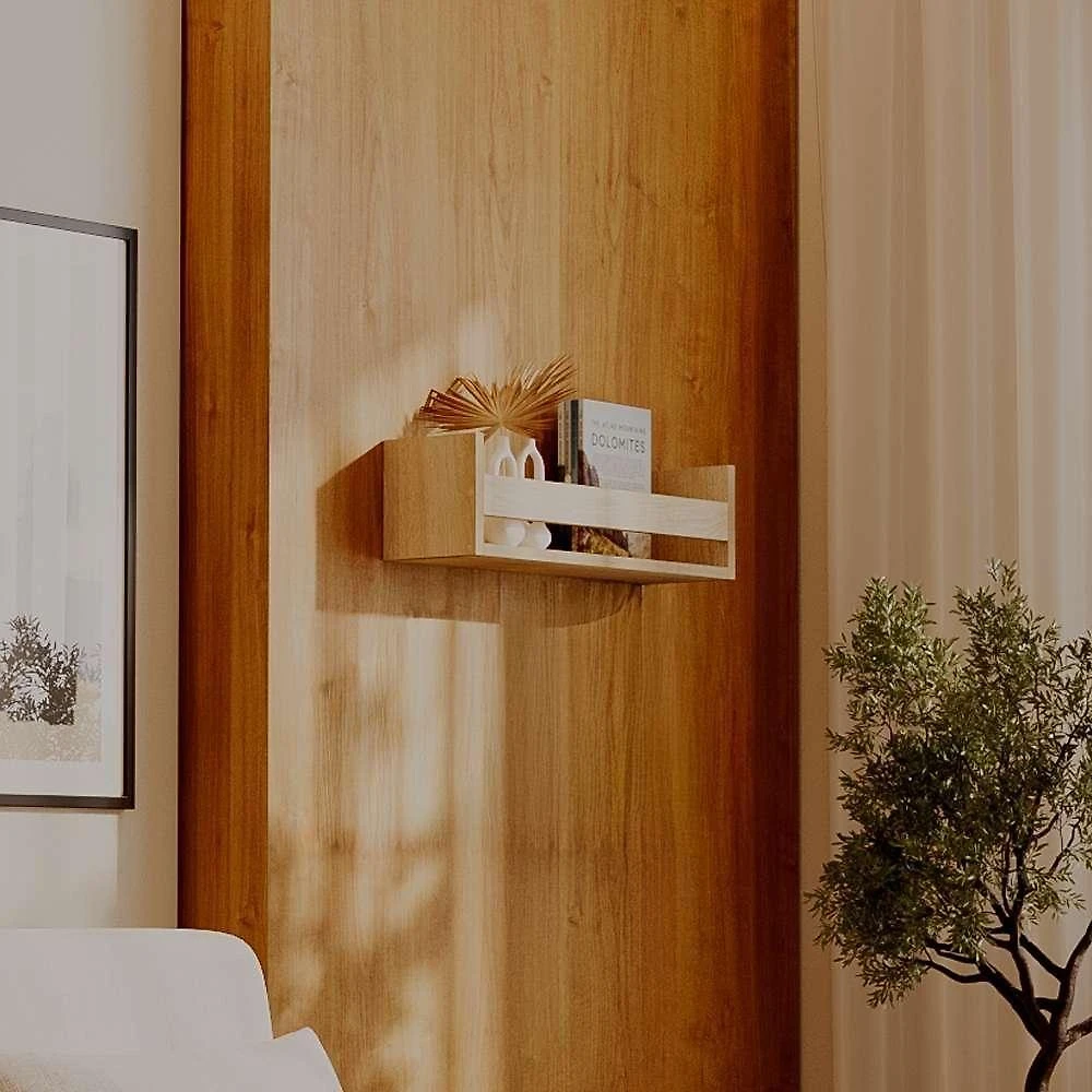 Prateleira Porta Livro Carvalho 70x12CM MDF Suporte Invisível Moderno Sala Bege Mercado