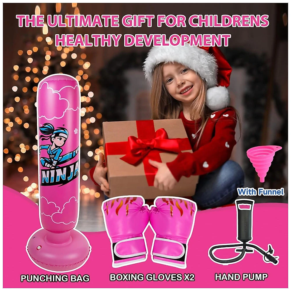 Saco de pancadas inflável infantil Onirii ninja rosa, 168cm, PVC, com luvas e bomba de