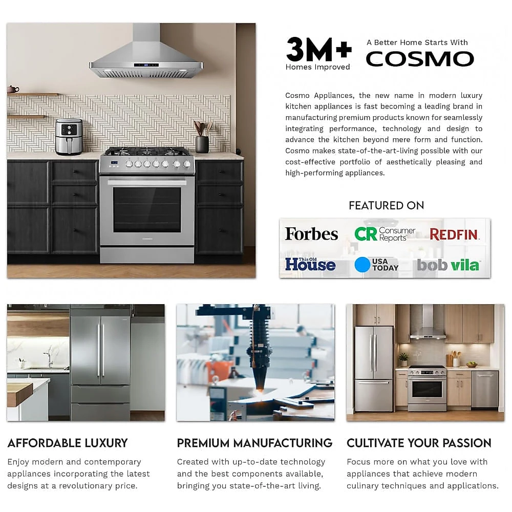 Coifa de Cozinha COSMO 91cm (36") Haven Collection 500 CFM Inox com LED e Controles Touch 110V