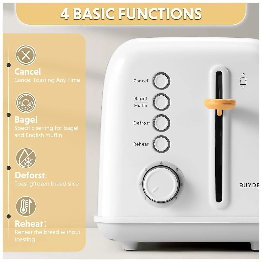 Torradeira 2 Fatias BUYDEEM DT620 Inox Branco Ártico Retro, 7 Níveis, Slots Largos, Função Bagel/Muffin, Bandeja Migalhas, 900W, 110V