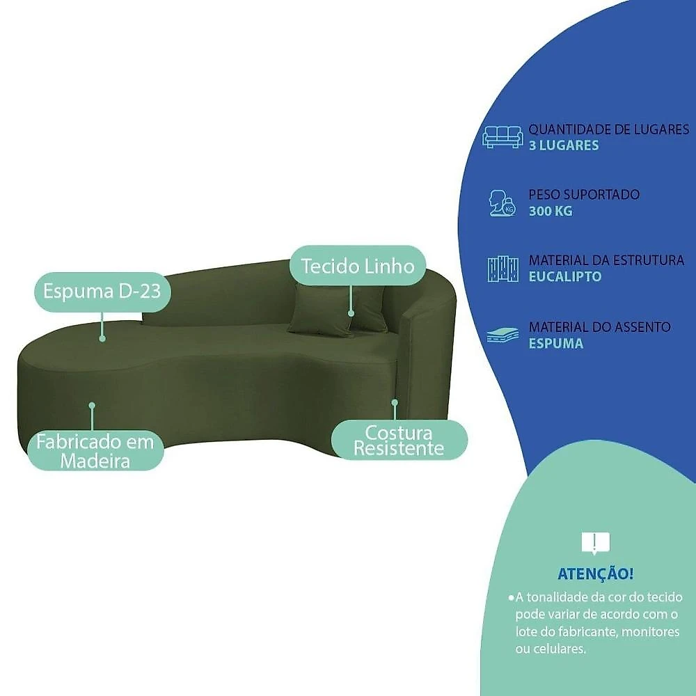 Recamier Curvo Orgânico 200cm 3 Lugares Lado Esquerdo para Sala de Estar Linho Londres Verde