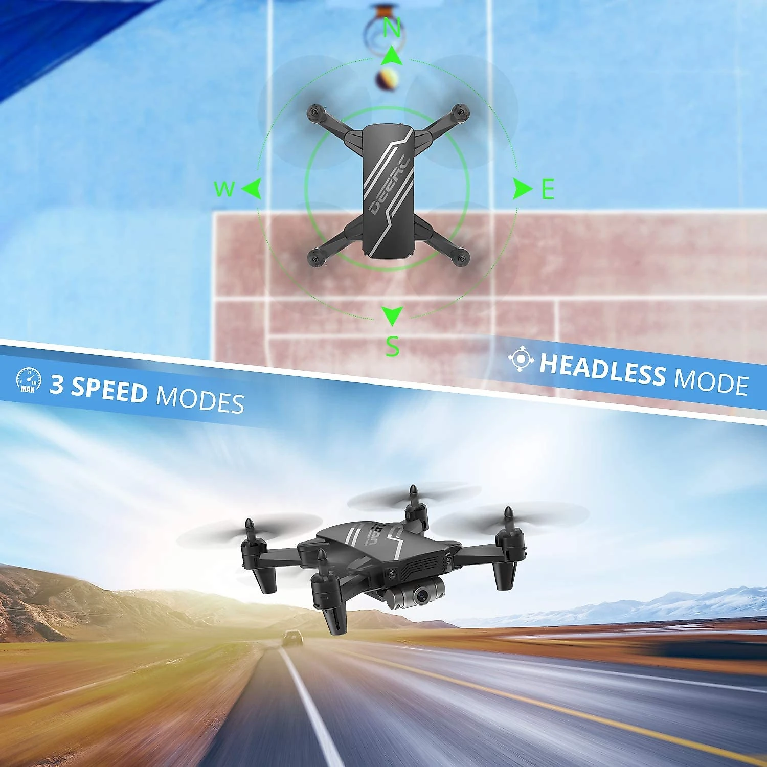 DEERC D20 Mini Drone com Câmera 720P HD 3D Controle Remoto para Crianças 2 Baterias Preto