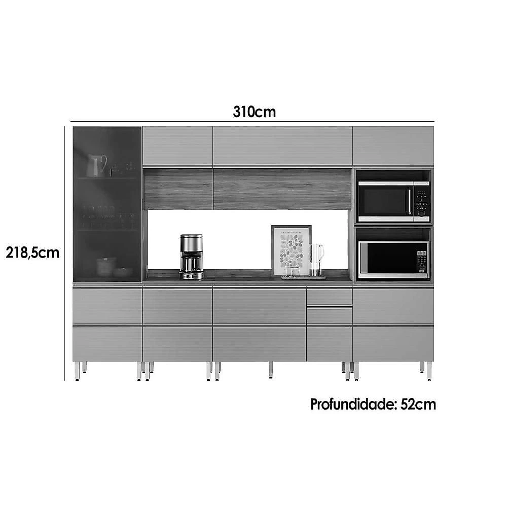 Kit Cozinha Proença 6 Peças 3 Portas 7 Gavetas MDF 120CM Nogueira e Carbono