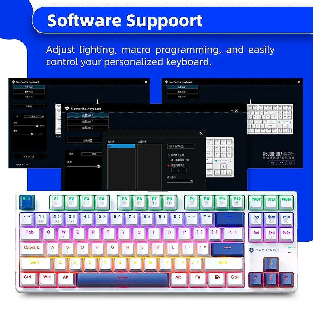 Teclado Mecânico Gamer Machenike K500B-B87 RGB, Switch RED, Layout 80%, Usb-C, Abnt2, Branco E Azul - REF JJ02GZ009
