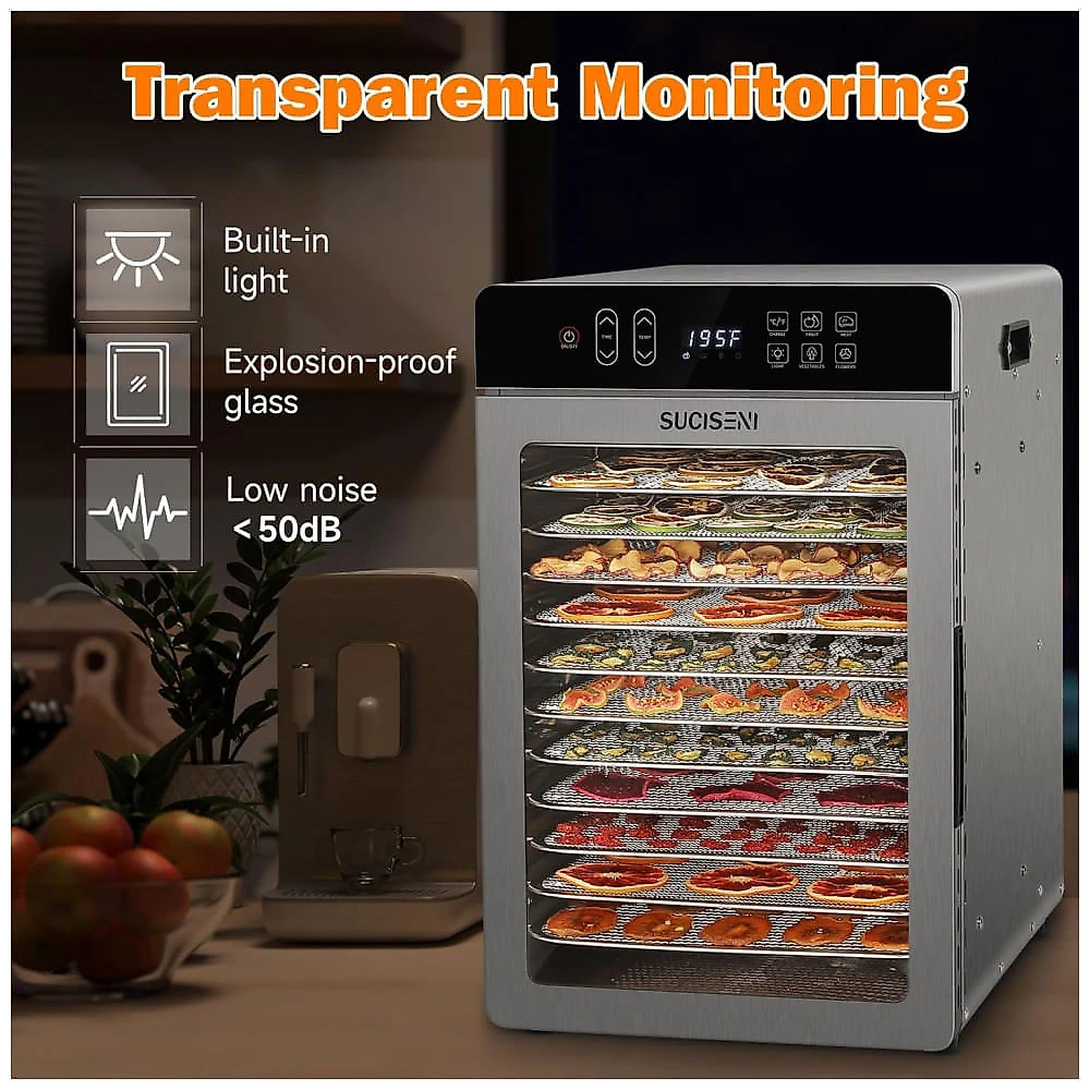Desidratador de Alimentos para Jerky com 12 Bandejas de 11,42 polegadas, 1000W em Aço Inoxidável com Temporizador de 24 Horas e Controle de Temperatur Desidratador de Alimentos para Jerky com 12 Bandejas de 11,42 polegadas, 1000W em Aço Inoxidável com Temporizador de 24 Horas e Controle de