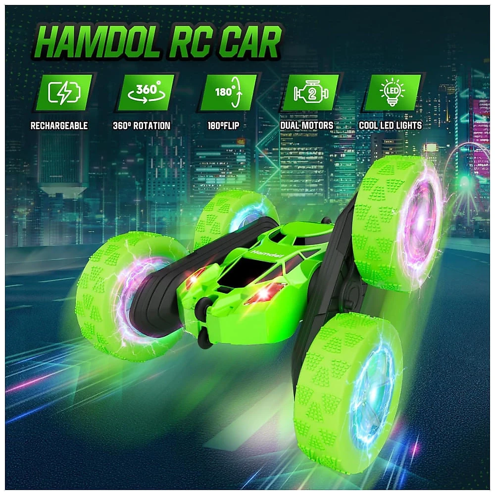 Hamdol Green Trailblazer Carro Controle Remoto 4WD Stunts 360° com Luzes LED e Bateria Recarregável para Crianças 6-12 Anos