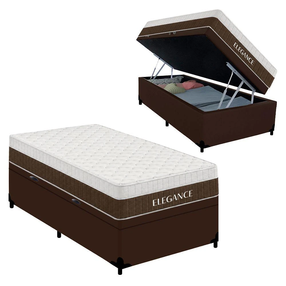 Cama Box com Baú Solteiro Elegance Pillow Top Molas Ensacadas Suede Marrom Royal