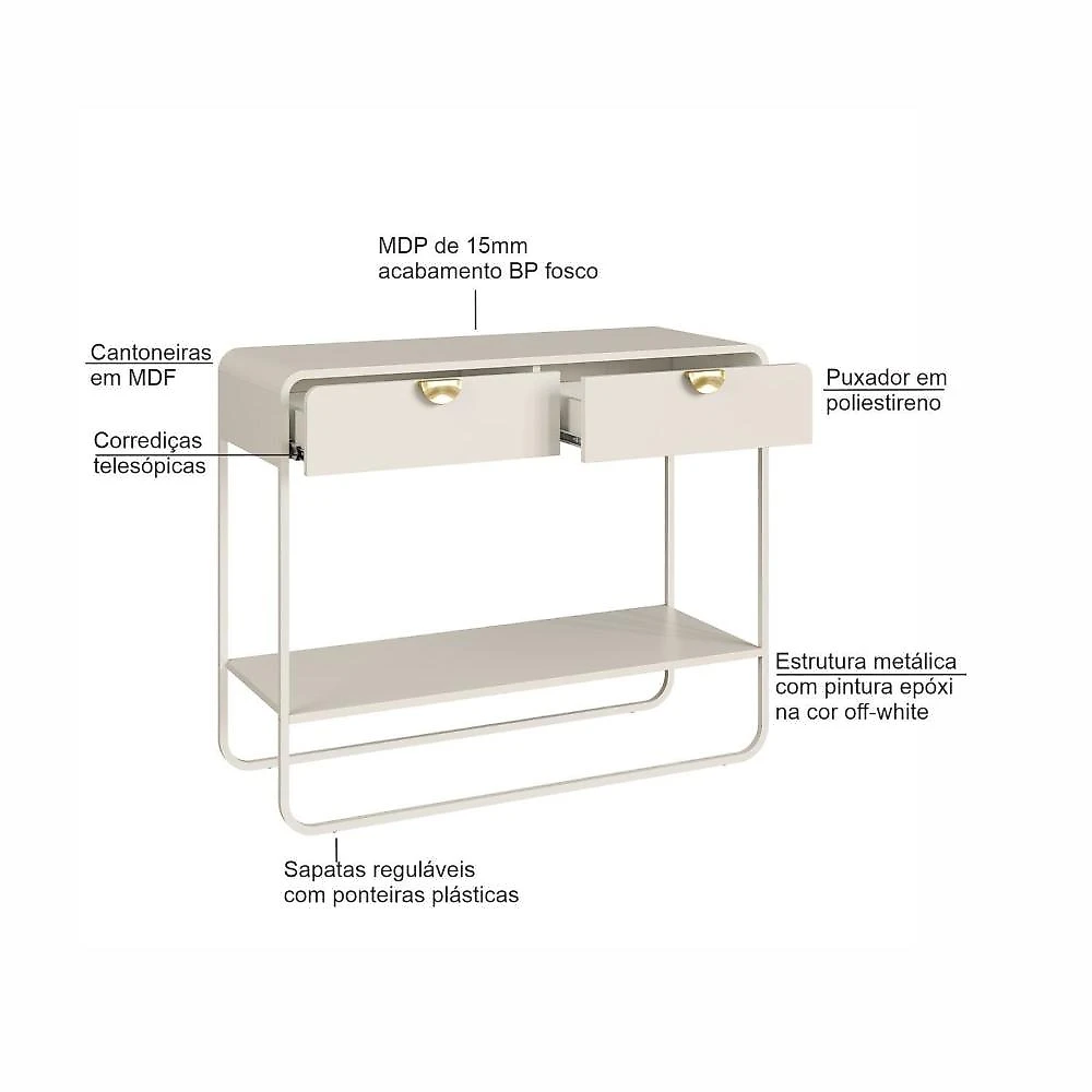 Aparador 2 Gavetas 100cm Orgânico Pé Metal Luna Offwhite Off White