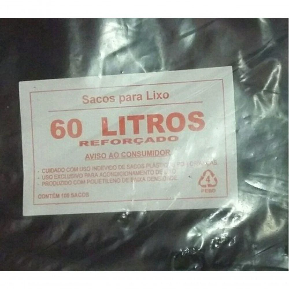 Saco para Lixo Reforçado 60 Litros Preto Pacote com 100 Unidades Higipack