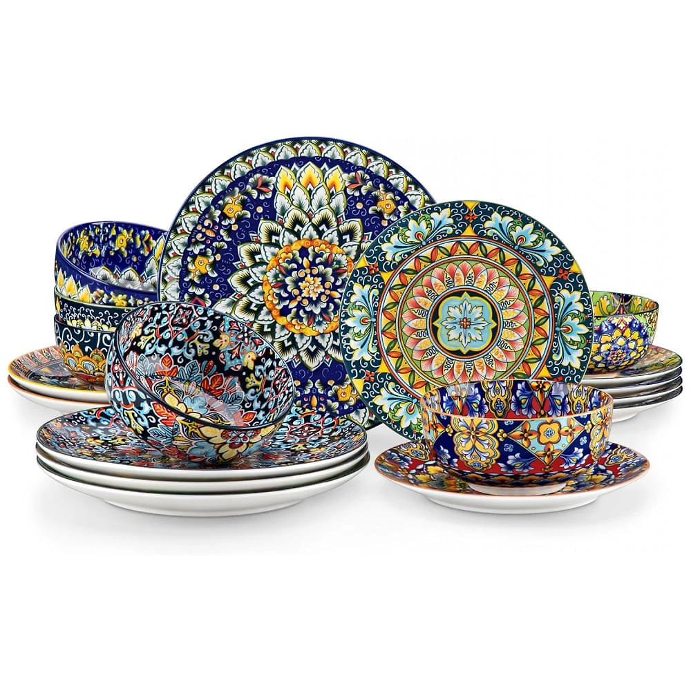 Conjunto de Jantar Vancasso 18 Peças, Pratos e Tigelas de Porcelana para 6 Pessoas, Resistente a Micro-ondas e Lava-louças, Estilo Bohemian, Serviço d