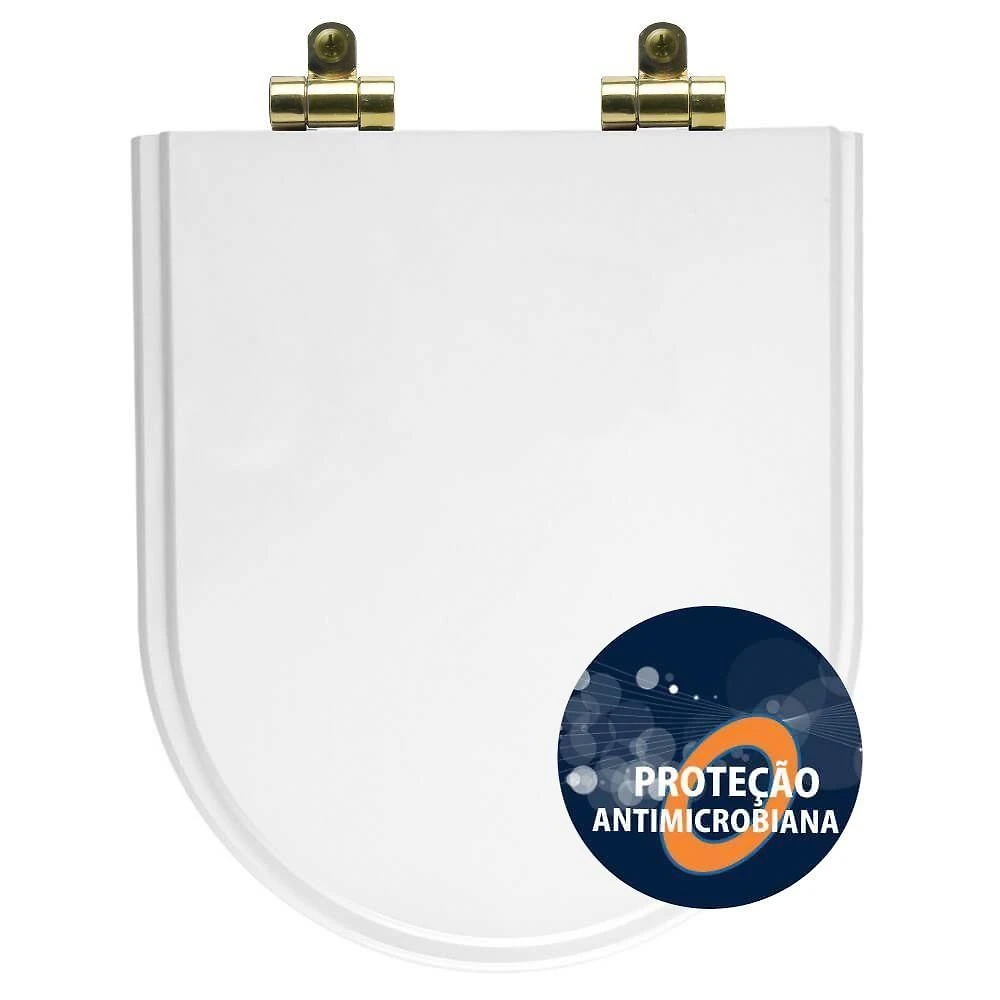 Tampa De Vaso Poliéster Antibactéria Com Fechamento Lento Carrara Branco Para Louça Deca Com Ferragem Dourada