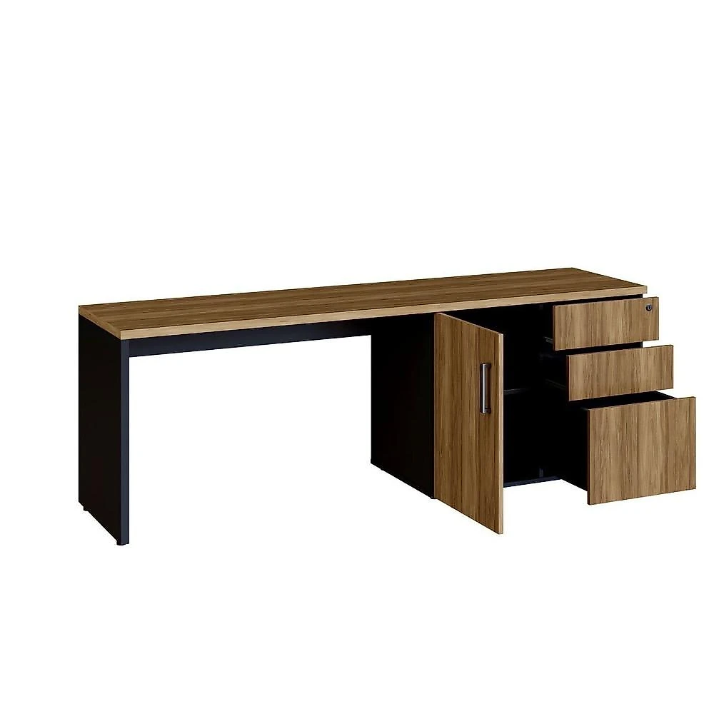 Mesa para Escritório 160cm com Balcão Lateral Porta e 3 Gavetas com Chave Industrial Executive Nogal / Preto
