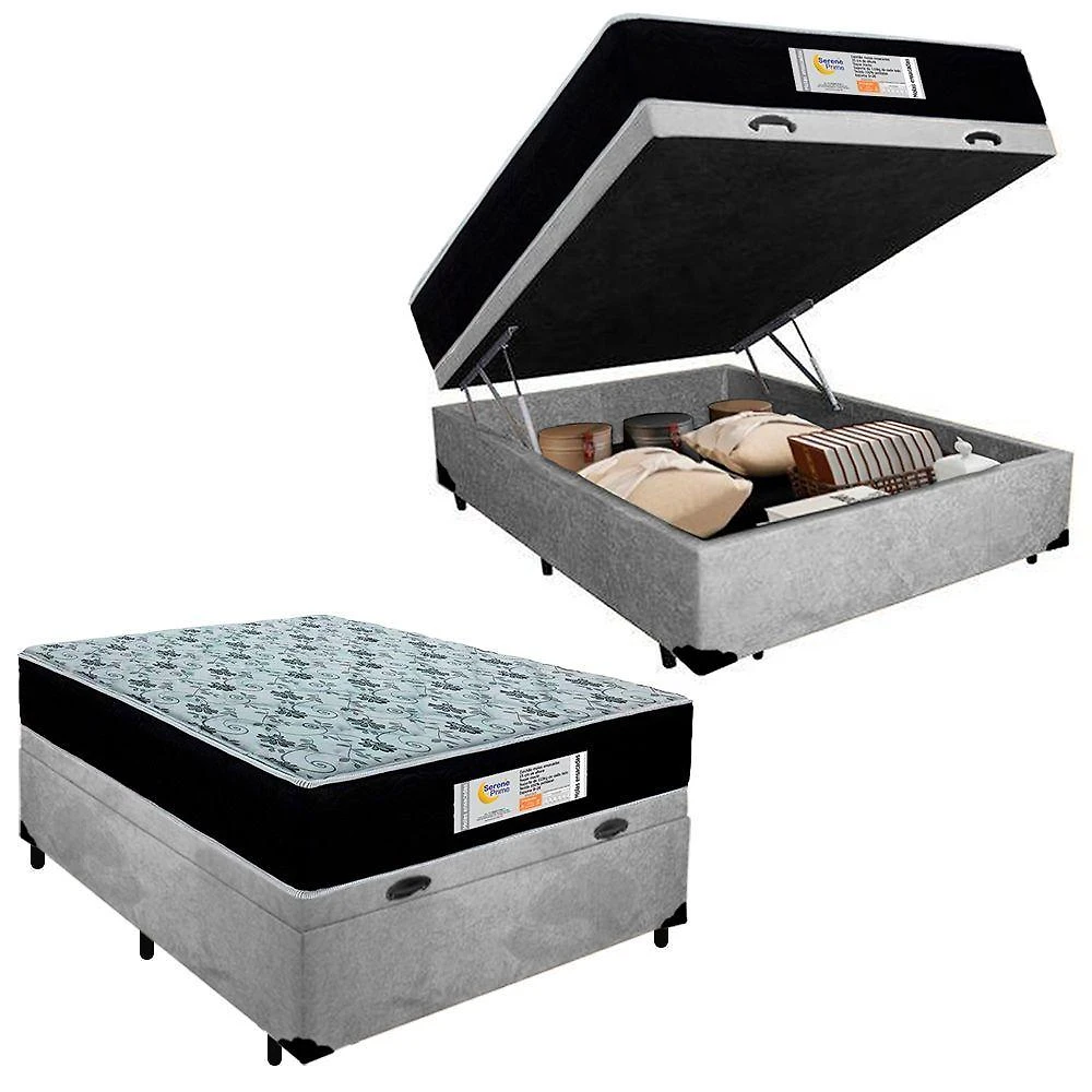 Cama Box Baú Casal Suede + Colchão Molas Ensacadas Sereneprime Sonnolux 138x188x69 Cor:cinza