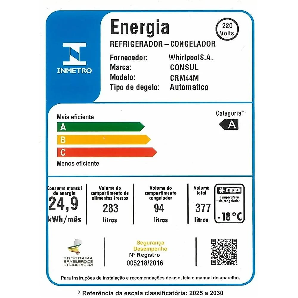 Geladeira Consul Frost Free Duplex CRM44MB Inverter, 377 Litros, Branco - 220 Volts Geladeira Consul Frost Free Duplex CRM44MB, 377L, Branco - 220V - 220 Volts