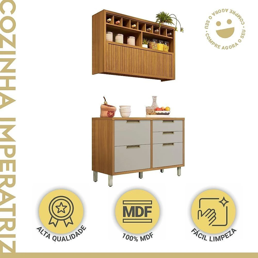 Cozinha Imperatriz 1 Porta 3 Gavetas MDP 120CM Freijó e Off White Nesher Móveis