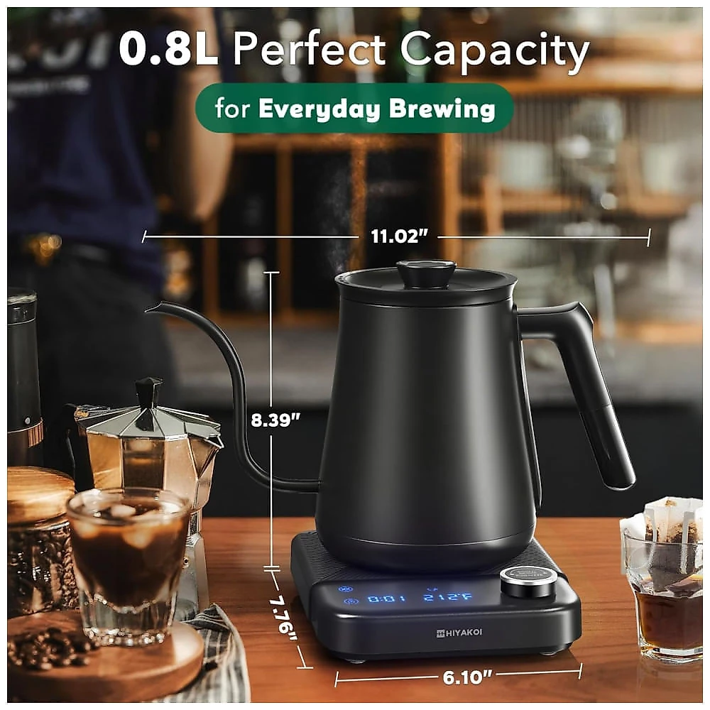 Chaleira Elétrica HIYAKOI Gooseneck com Controle de Temperatura, Ideal para Café e Chá, Aquecimento Rápido de 1200W em Aço Inoxidável, 0,8L