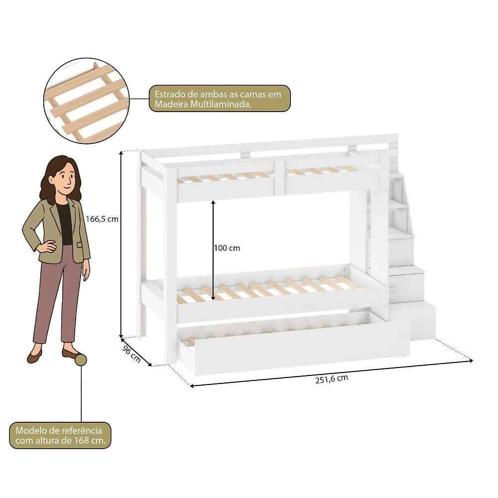 Miniatura Beliche Infantil Juvenil com Cama Auxiliar Moon Branco