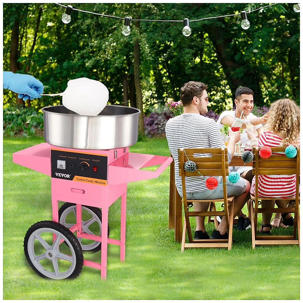 Máquina de Algodão Doce VEVOR com Carrinho 1000W Rosa Produção 6 Cones/min 110V