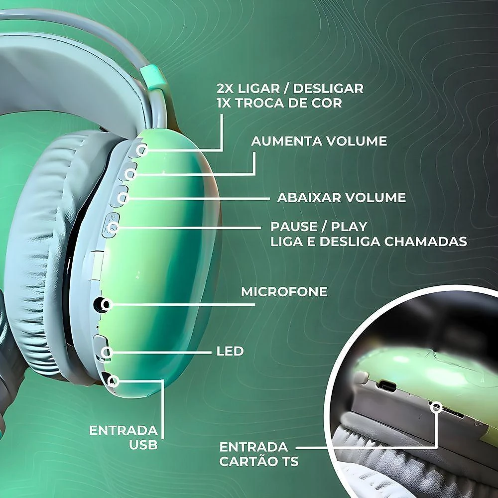 Fone de Ouvido Bluetooth PG580 com Conexão V5.3 sem Fio e Iluminação LED RGB para Jogos e Música