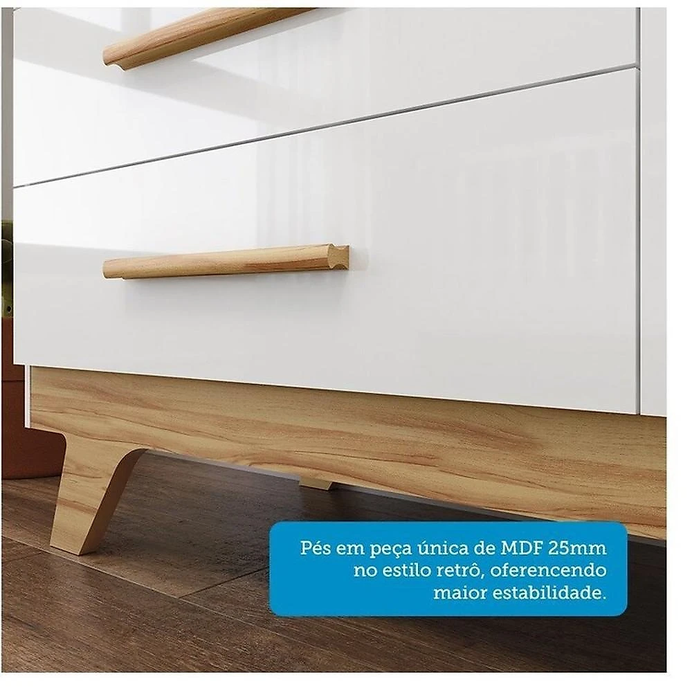 Quarto de Bebê com Berço Guarda-roupa e Cômoda com Janelas 100% Mdf Retrô Kakau Espresso Móveis Branco Brilho/Amêndoa