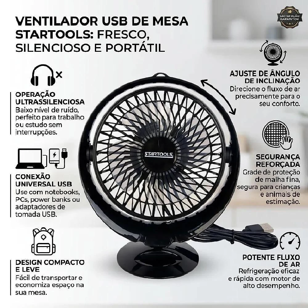 Mini Ventilador de Mesa Yeet 7,5W Usb 2 Velocidades Preto Portátil Silencioso 110V