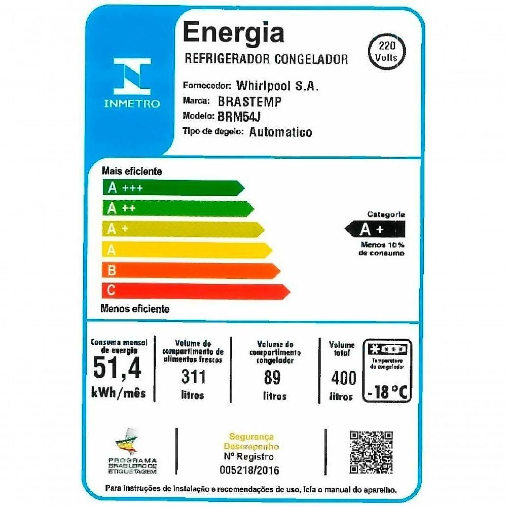 Geladeira Brastemp Frost Free Duplex 400 Litros Branca com Freezer Control BRM54JBBNA - 220V