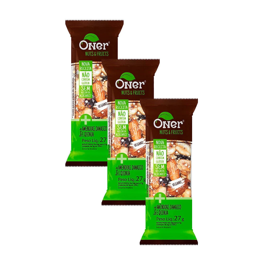 Kit 3 Barra de Amêndoas, Damasco e Linhaça Oner 30g