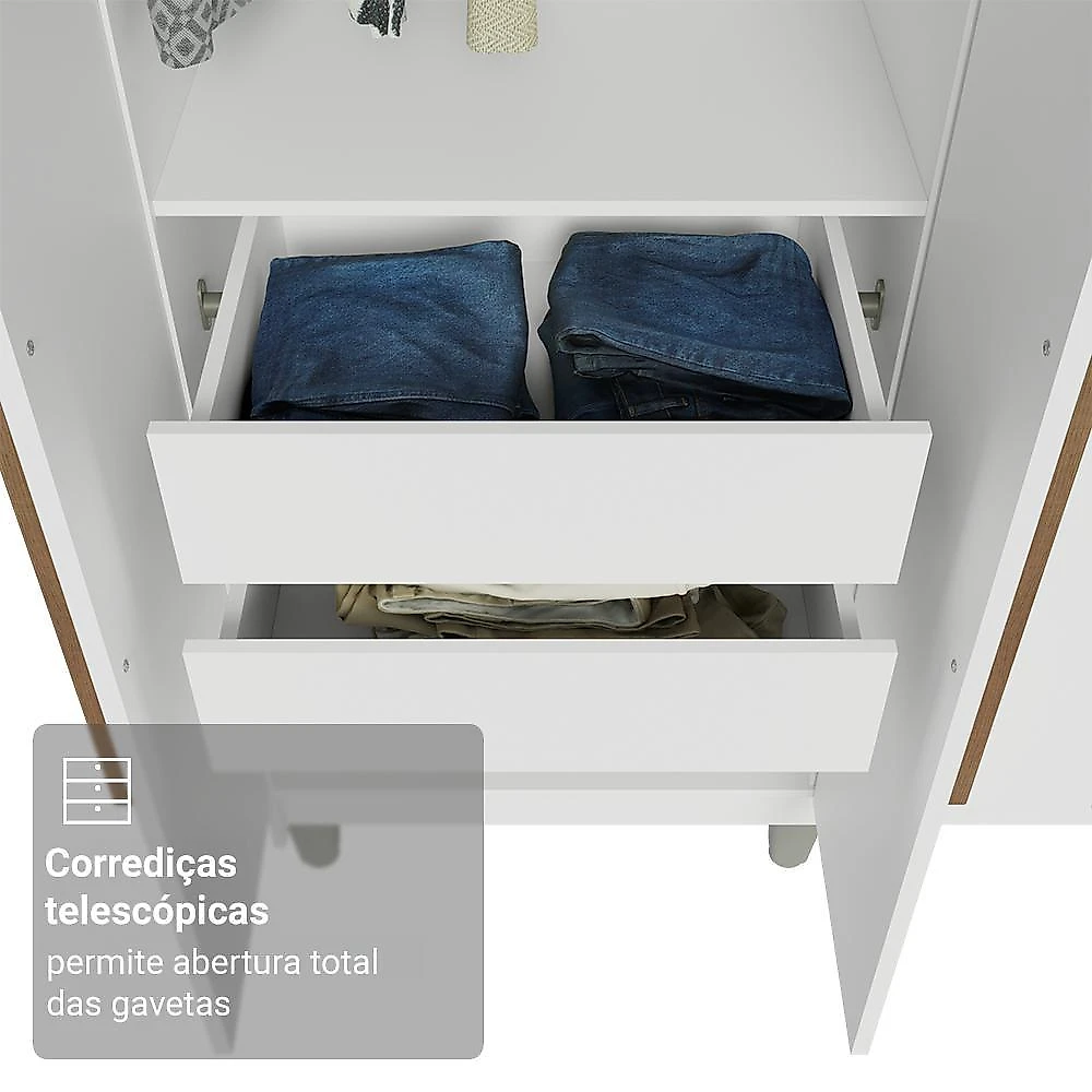 Guarda-roupa casal com pés 8 portas batentes branco/branco/rustic saturno madesa