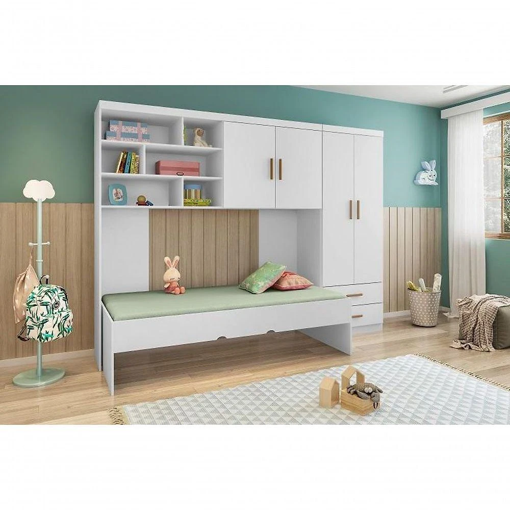 Jogo de Quarto Chiara 3 Peças Guarda Roupa 2 Portas Módulo Aéreo Cama Mdp Branco