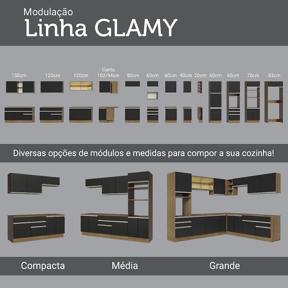 Armário de cozinha completa de canto 349cm rustic/preto glamy madesa 07