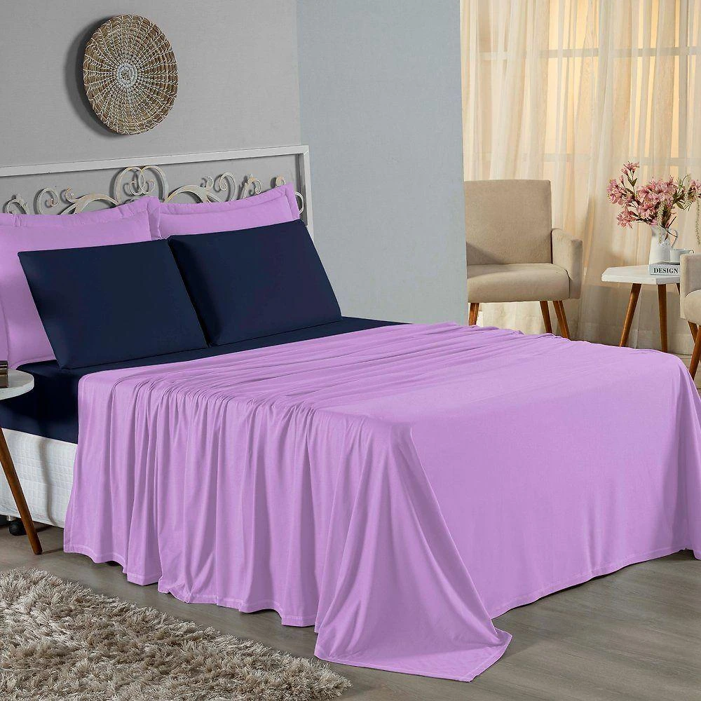 Jogo De Cama Casal Nobre 4 Peças Lençol Com Elástico De 30cm De Altura Malha 100% Algodão - Lilás / Azul-marinho