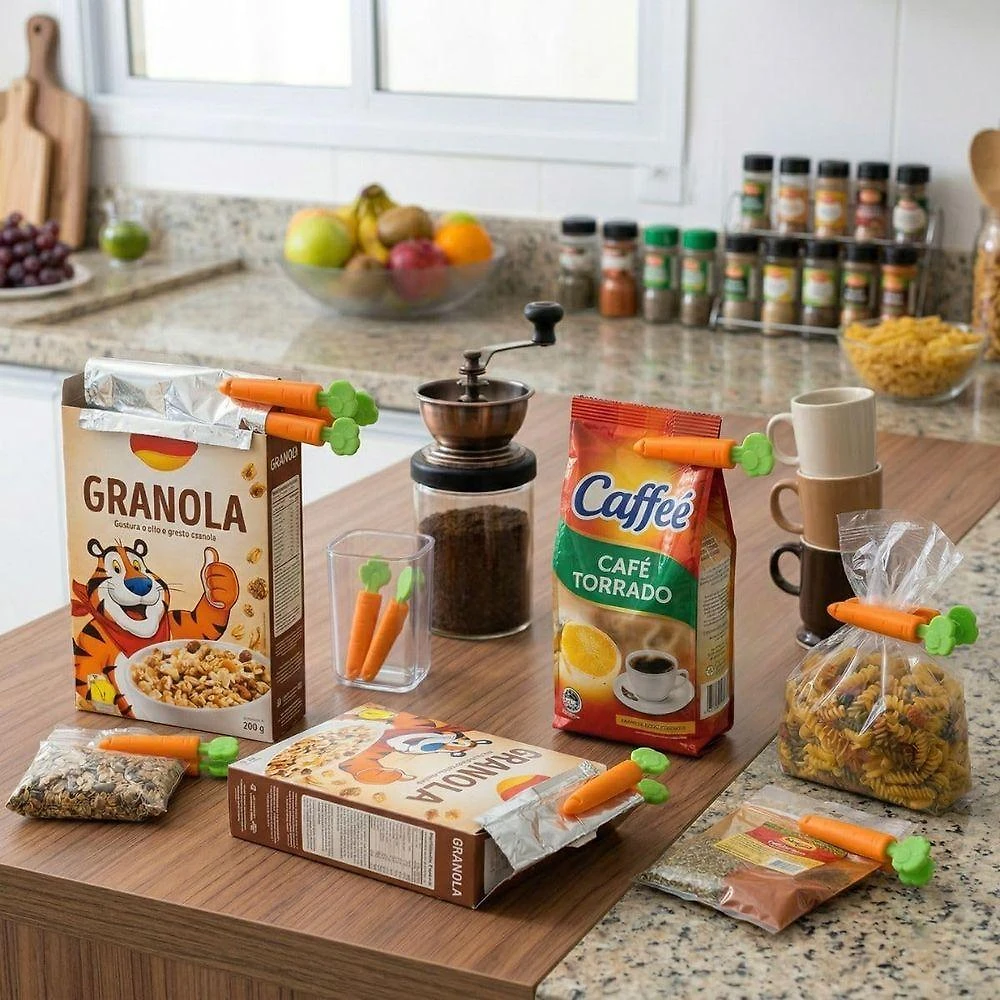 Kit 5 Prendedores de Embalagem Formato Cenoura com Suporte Magnético para Alimentos Plástico #TDD
