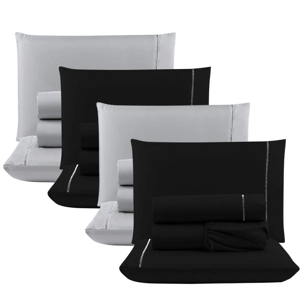 Kit Com 4 Jogos Cama Lençol Casal Padrão Micro Percal 400 Fios Ponto Palito 4 Peças Preto + Cinza