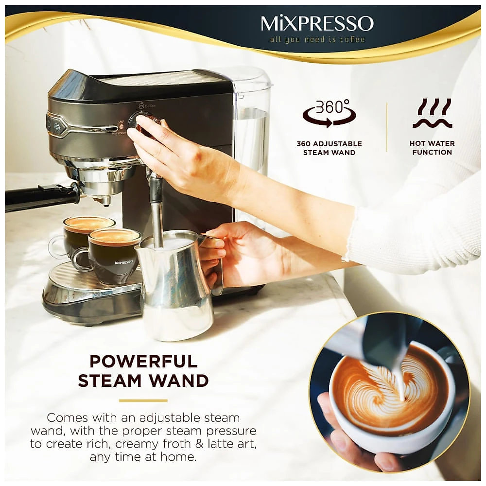 Máquina de Café Expresso Profissional 15 Bar com Bocal de Leite e Capacidade de 1L, 110V 1450W, Mixpresso, Cinza