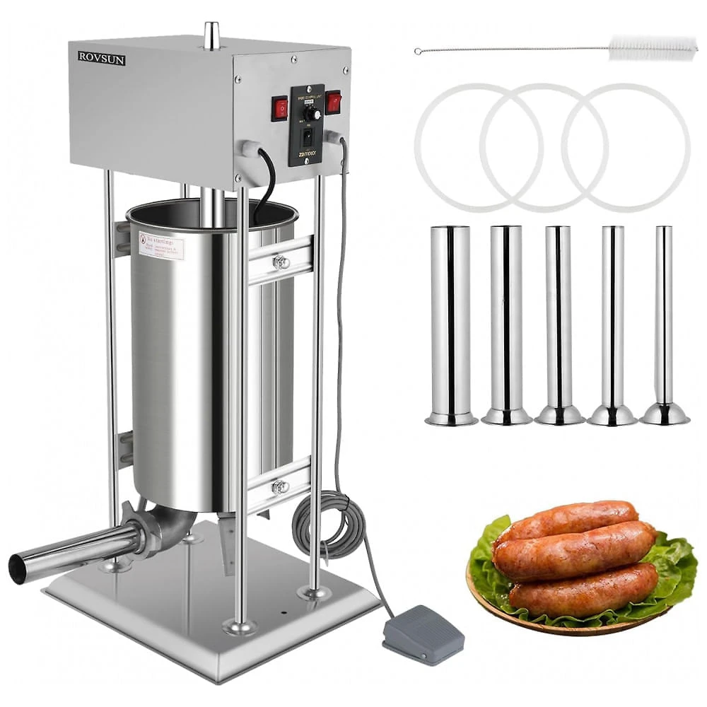 Máquina de Fazer Linguiça Elétrica ROVSUN 10L, Aço Inoxidável com Capacidade de 15,4 libras, Velocidade Ajustável e 5 Tubos de Enchimento,