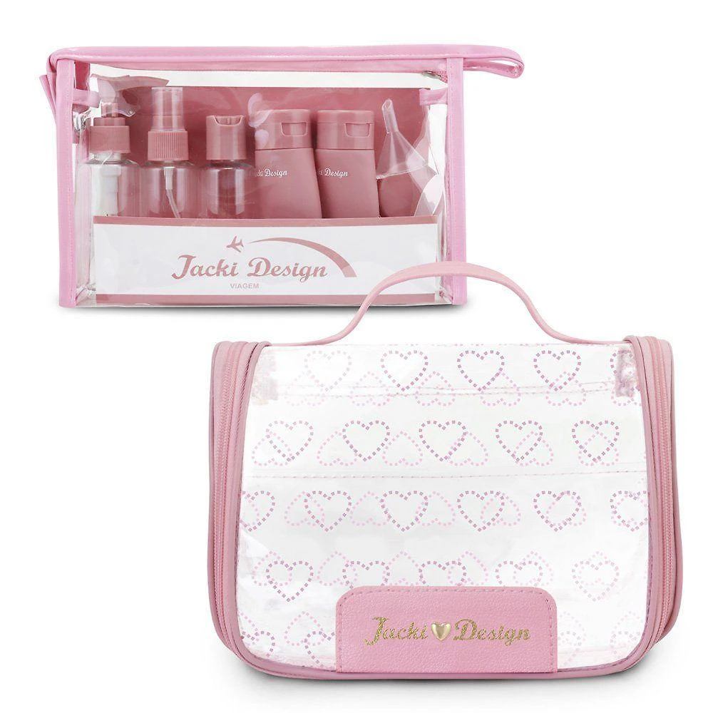 Kit Necessaire Transparente Com Frascos – Ideal Para Viagens E Bagagem De Mão - Rosa