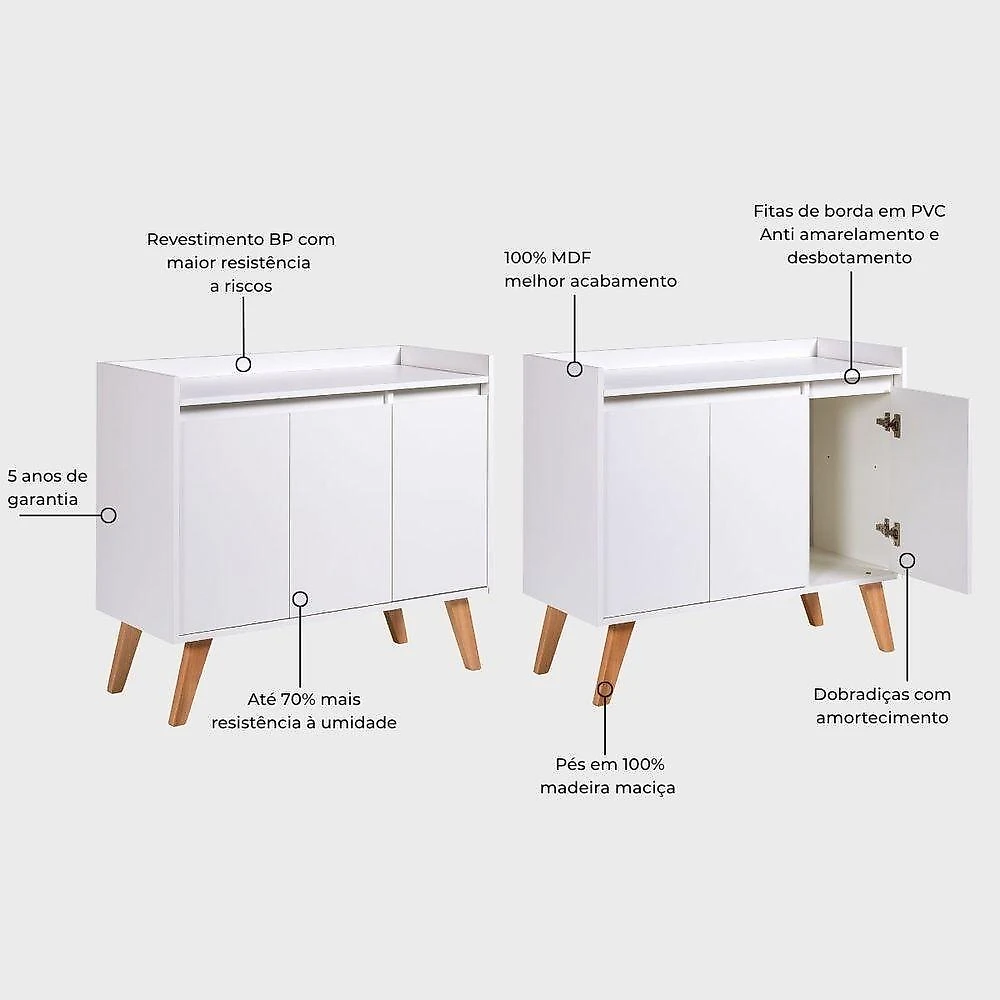 Aparador Buffet Madri Retrô 2 Portas MDF 90CM Branco On Móveis webcontinental-7898970568223