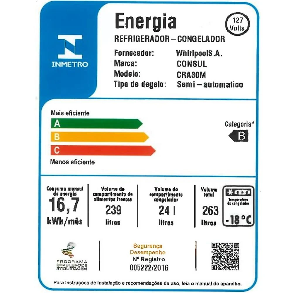 Geladeira Consul Degelo Seco CRA30MB, 263 Litros, Branca - 110 Volts
