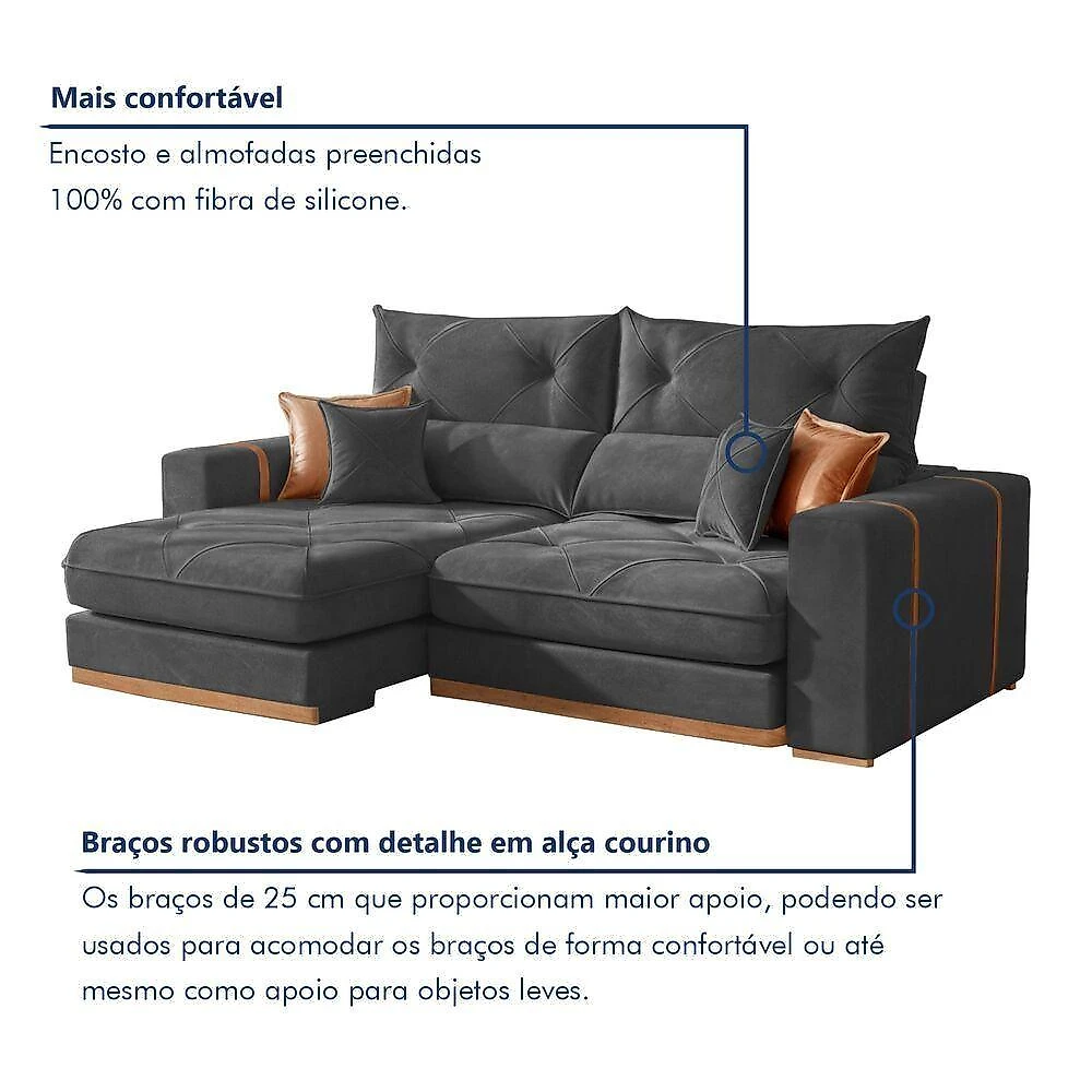 Sofá Montreal 3 Lugares Retrátil e Reclinável 230CM Cinza