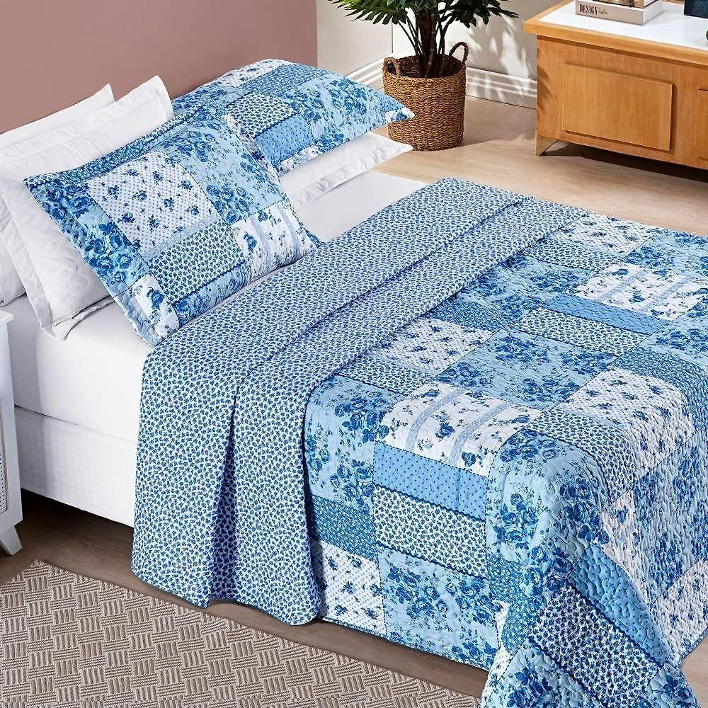 Colcha Estampada Dupla Face Bouti King 03 Peças - Azul Sereno